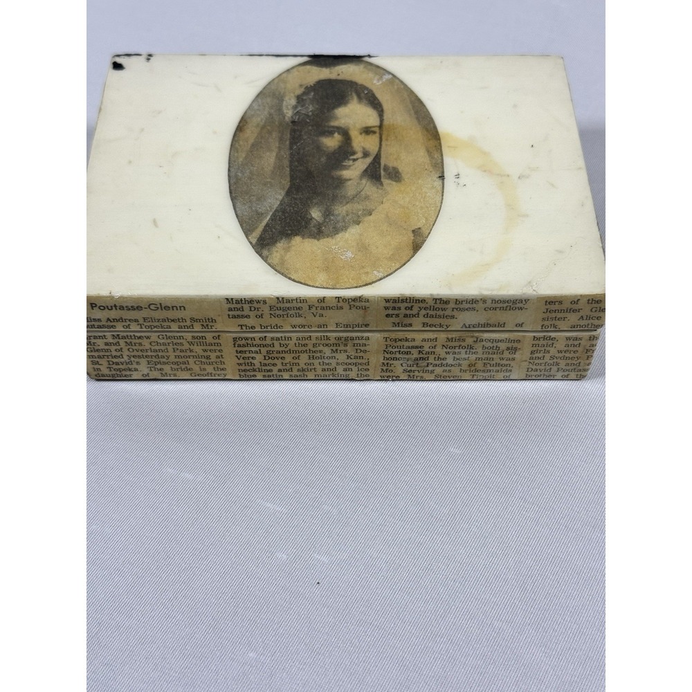 Antique Wood Decoupage Bride/Announcement Hinged Box